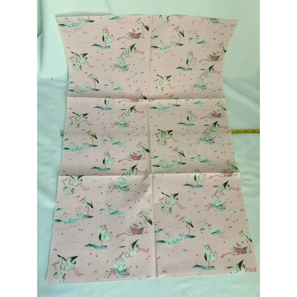 Vintage Wrapping Paper Gift Wrap Baby Shower Lot Babies Stork Bunnies